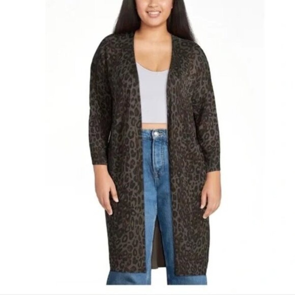 Terra & Sky Cardigan‎ Womens size 14W Leopard Print Open Front Duster Animal